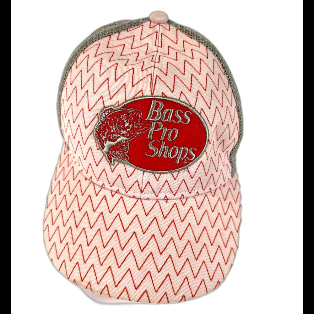Rare Bass Pro Hat Pink Gray Red Chevron Outdoors Fishing Hat Mesh Snapback Youth